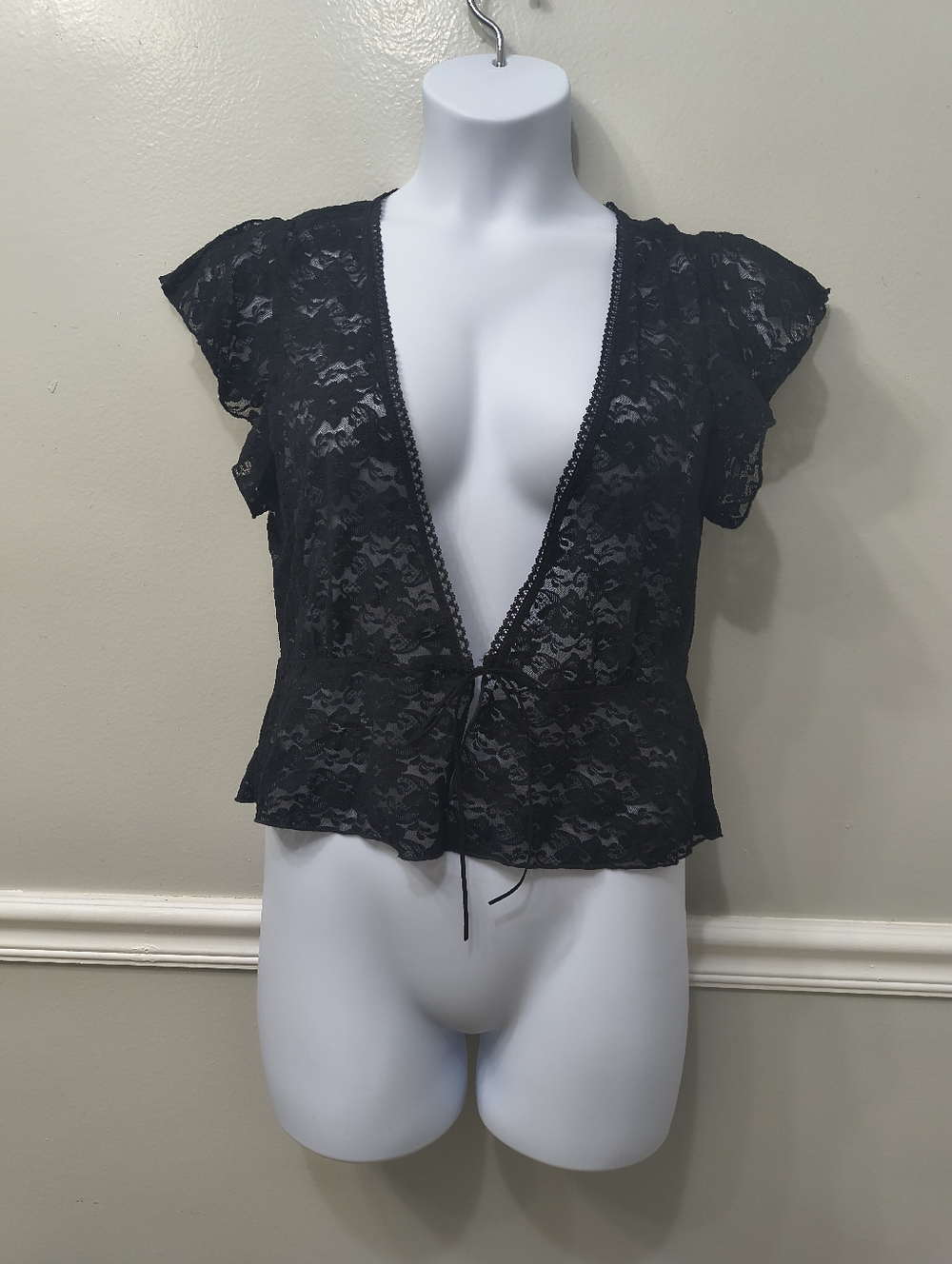 Studio 1940  RegencyCore Floral Lace Tie-Front Black L Top Y2K Fairy Grunge
